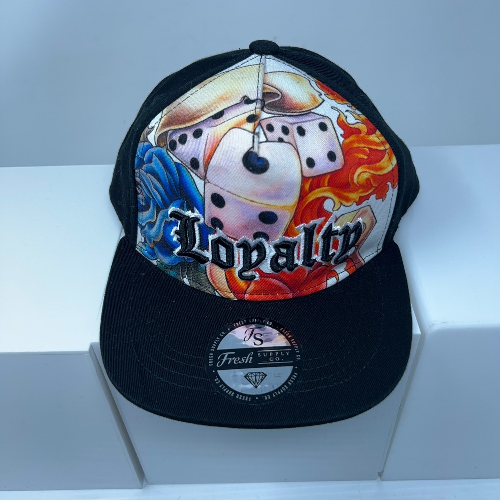 Fresh Supply Co Mens OS Black Loyalty Graphic Dice Rose Snapback Hat NWT
